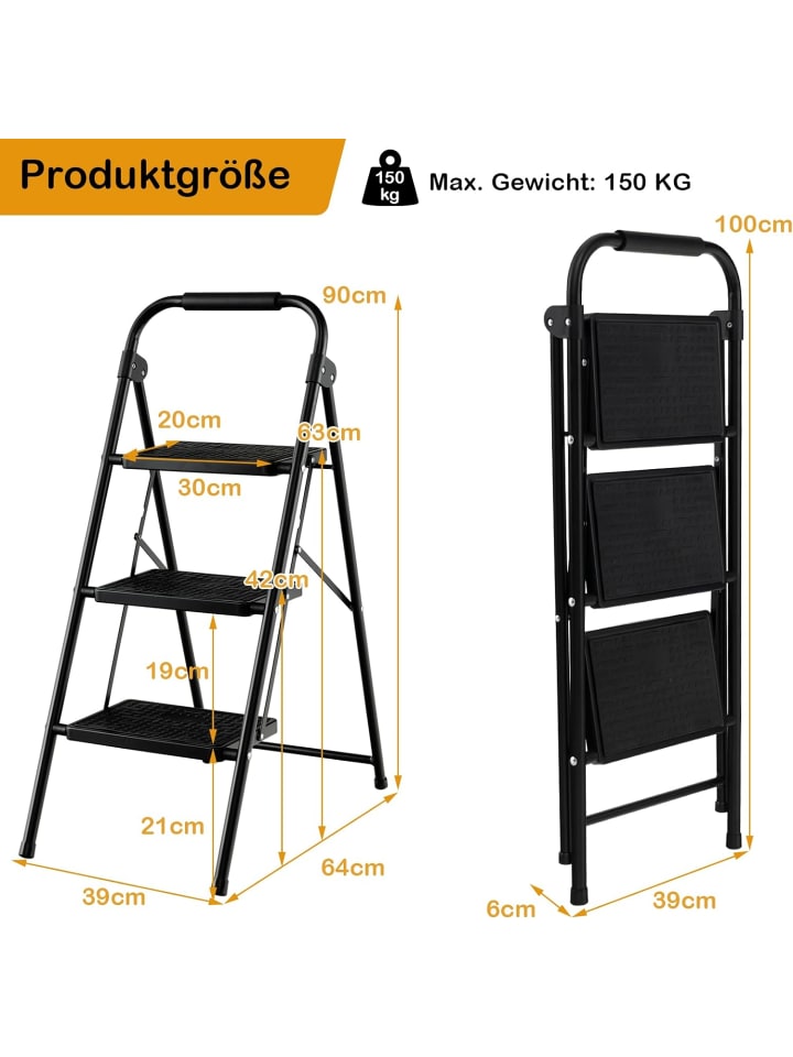 COSTWAY Trittleiter 3 Stufen in Schwarz günstig kaufen onesize