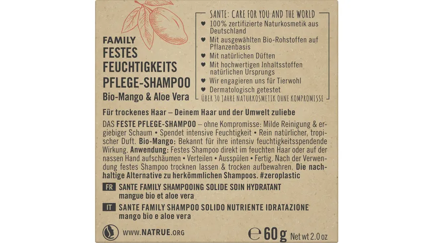 SANTE FAMILY Festes Feuchtigkeits Pflege-Shampoo Bio-Mango & Aloe Vera 60 g
