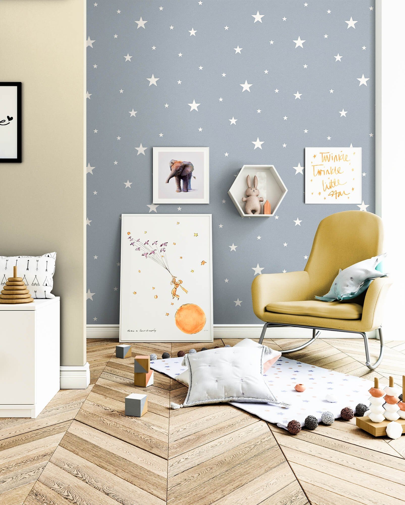 Newroom Vliestapete, Blau Tapete Kind Fluoreszierend - Kinderzimmertapete Sternchen Weiß Graublau Baby Teenager Sterne Himmel für Kinderzimmer Babyzimmer Kinderstube
