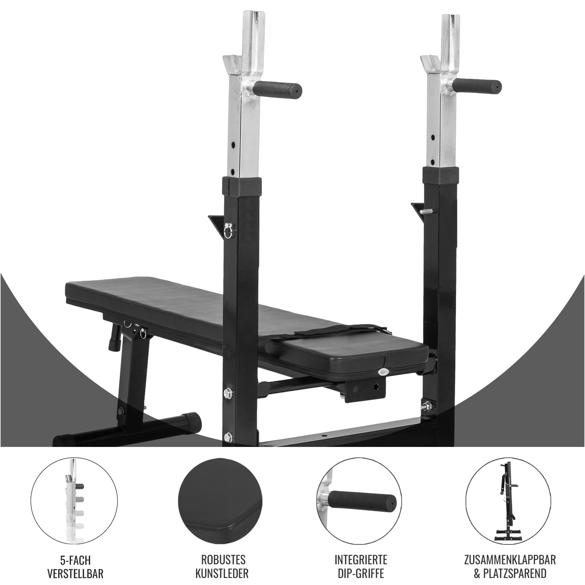 GORILLA SPORTS Hantelbank Langhantelset 100 kg, mit Ablage und Dip-Station, Klappbar