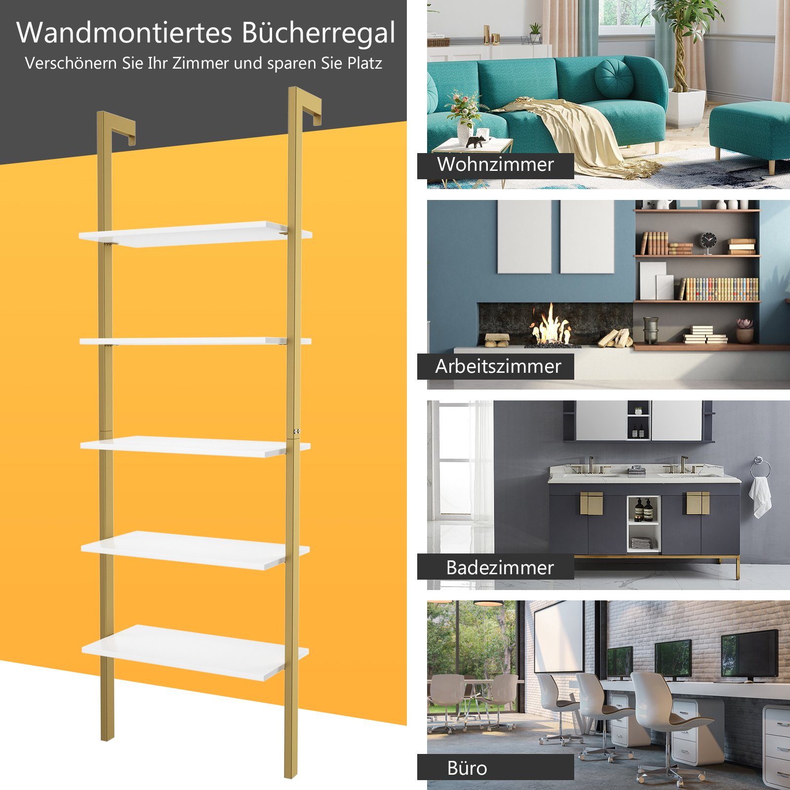COSTWAY Leiterregal Bücherregal, 5-stufig, mit Metallrahmen, 183 cm