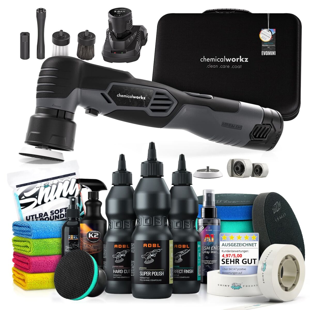 chemicalworkz EVO Mini Akku Poliermaschinen Set mit ADBL Polituren & Zubehör