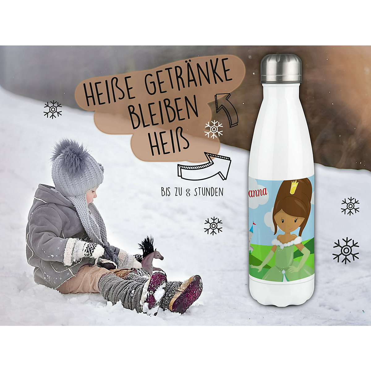 Edelstahl Kinder Thermoflasche / Trinkflasche bunt Prinzessin Spülmaschinenfest, Auslaufsicher, Bruchfest, Doppelwandig, Für Heißgetränke geeignet, Mit Deckel, Isoliert