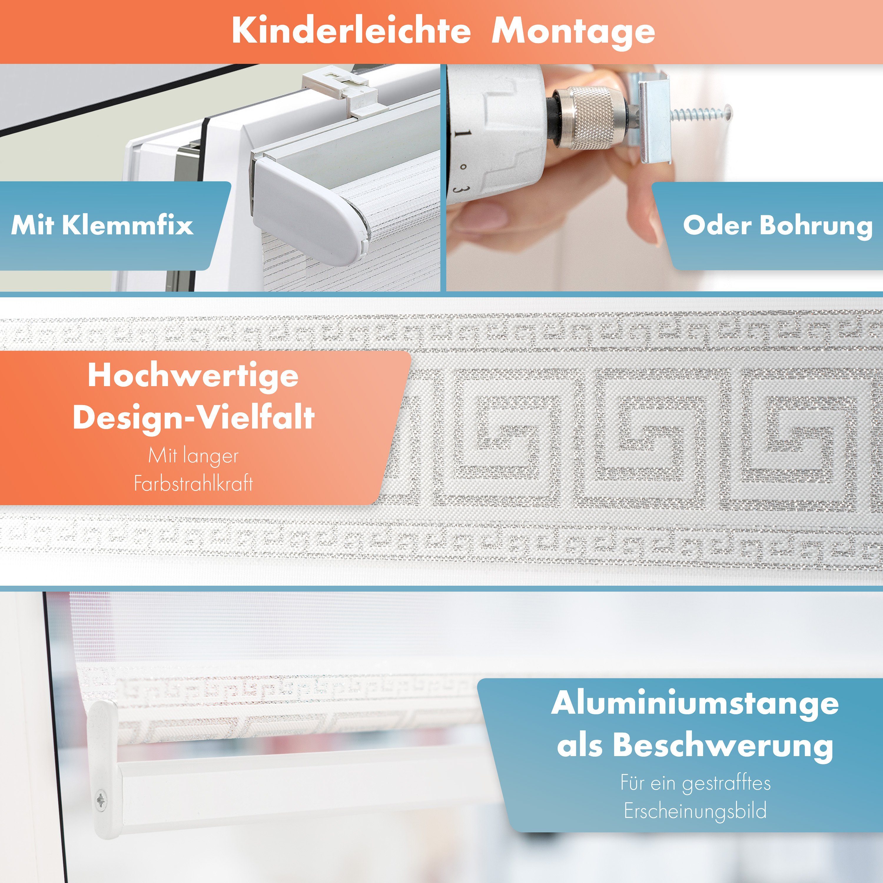 Doppelrollo mit Perlen, Mäander Ornamente Design, Bailena, Lichtschutz, ohne Bohren, freihängend, Klemmfix, glitzernd, Gardine mit Volant-Bordüre
