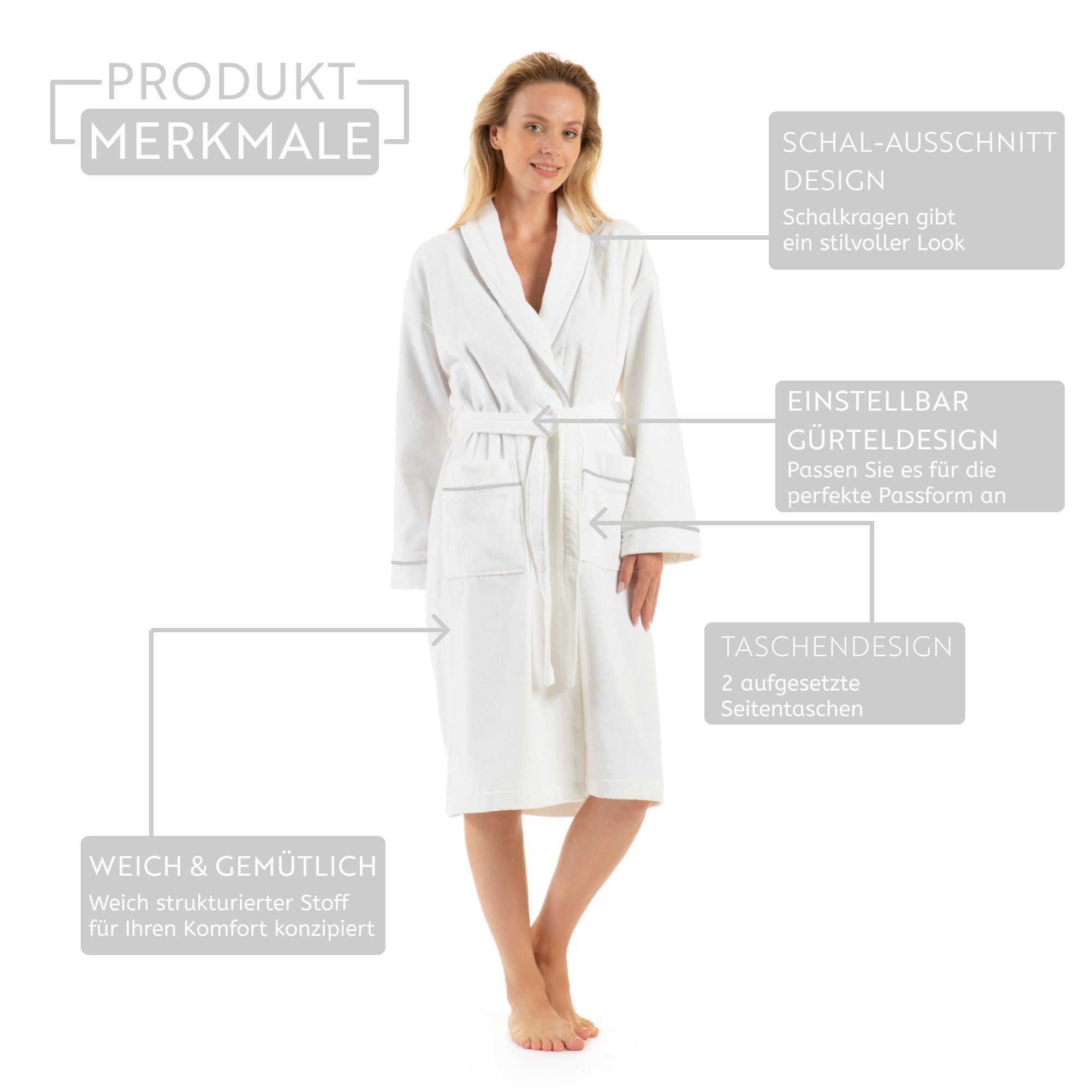 English Home Bademantel Premium Damen Bademantel, Herren Bademantel, Unisex, 100% Baumwolle, Kapuze, Bindegürtel, Schalkragen Weicher