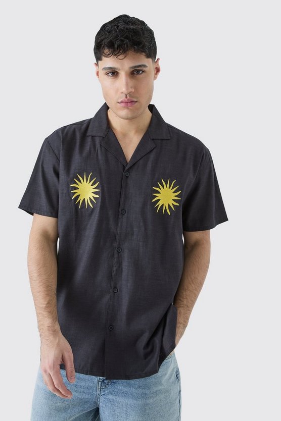Oversize Hemd im Leinenlook mit Sonnen-Stickerei
