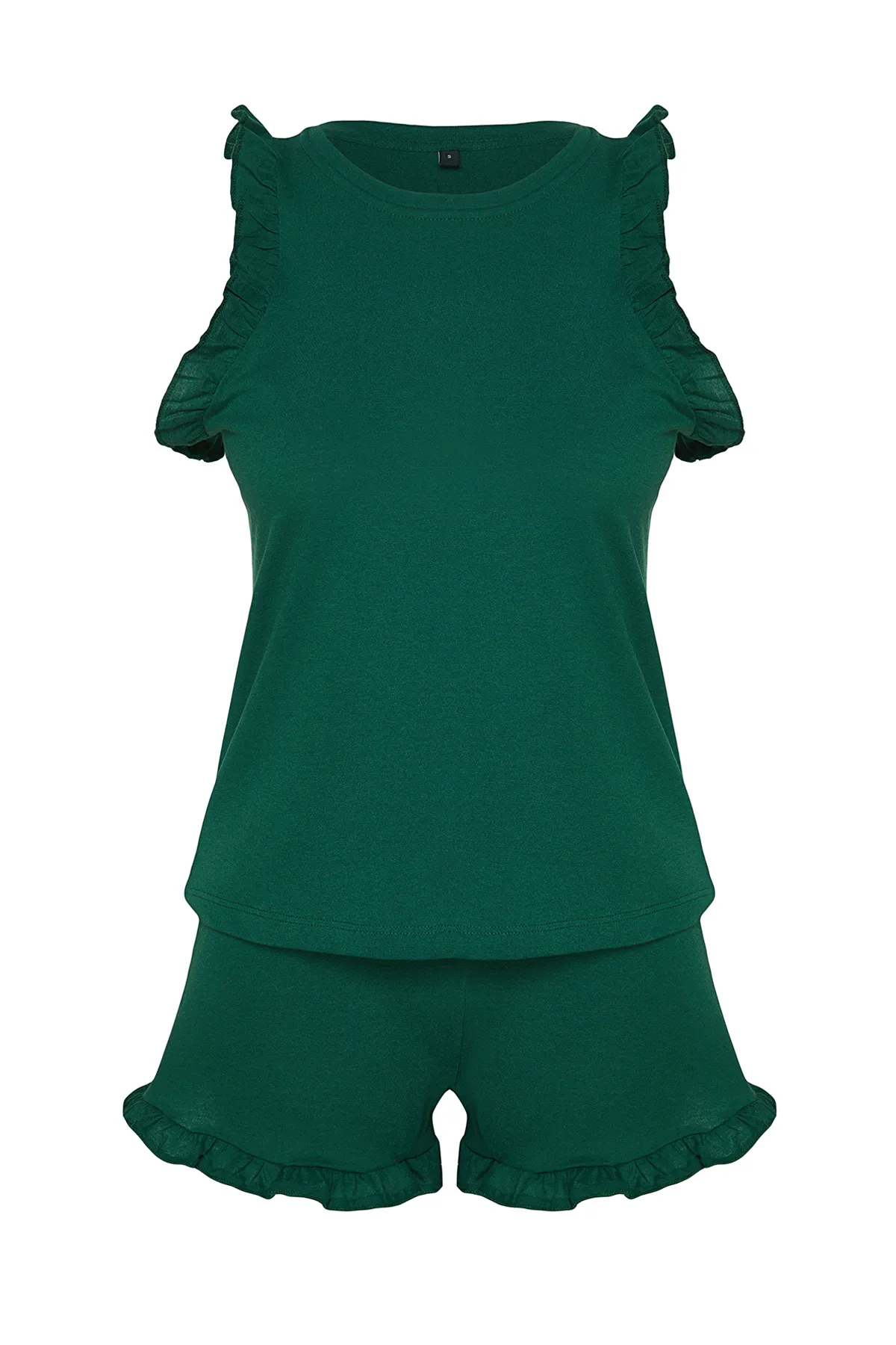 Trendyol Collection  Smaragdgrünes, gestricktes Pyjama-Set aus 100 % Baumwolle mit Rüschen und detaillierten Tanktops und Shorts THMSS22AU0304