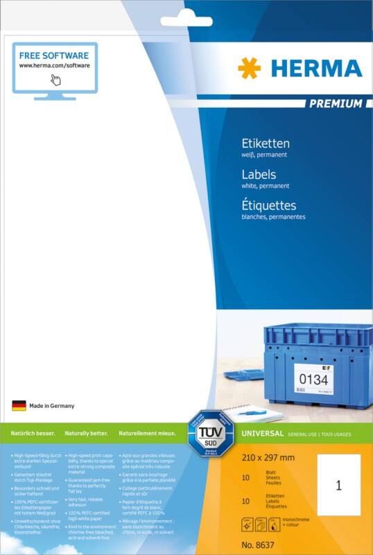 HERMA Multifunktionsetiketten 8637 Weiß Rechteckig 210 x 297 mm 10 Blatt à 1 Etikett