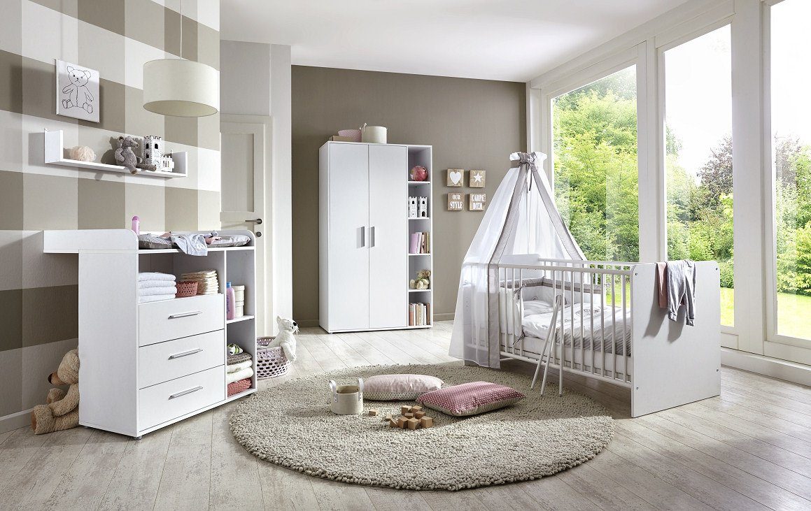 moebel-dich-auf Babyzimmer-Komplettset KIM 1, (in weiß, Babybett + Wickelkommode + Kleiderschrank), optional mit Matratze, Umbauseiten-Set oder Textil-Set