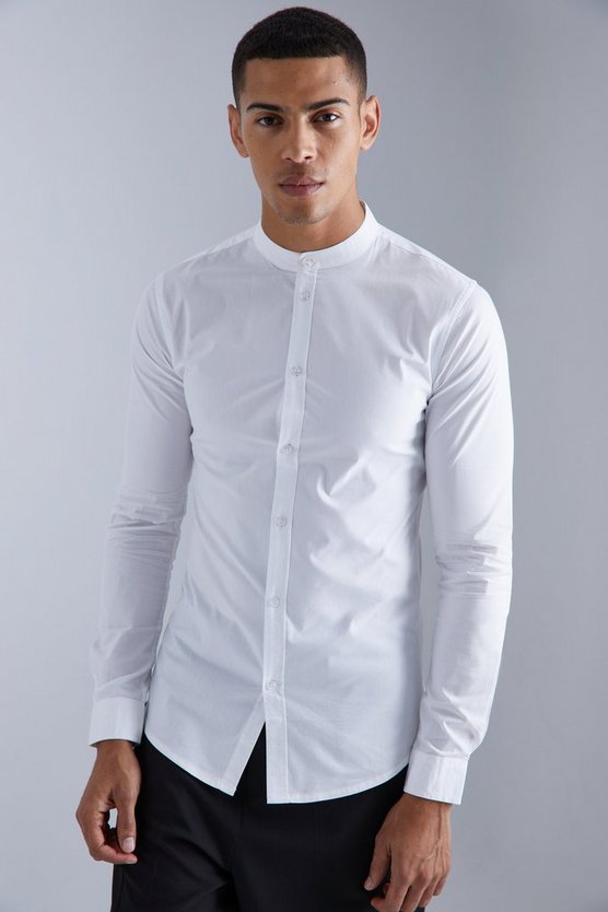 Langärmliges Muscle-Fit Hemd mit Grandad-Kragen