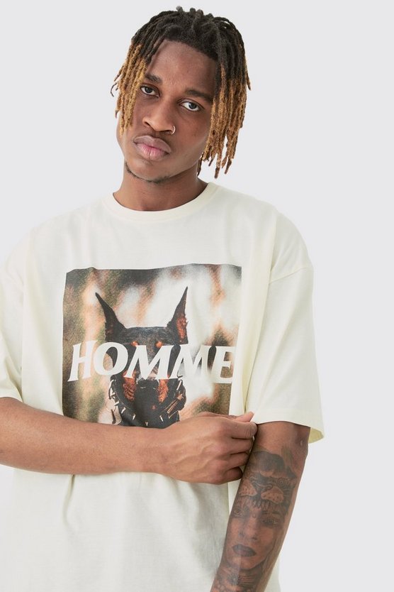 Tall Homme Dobermann Printed Graphic Oversized T-shirt