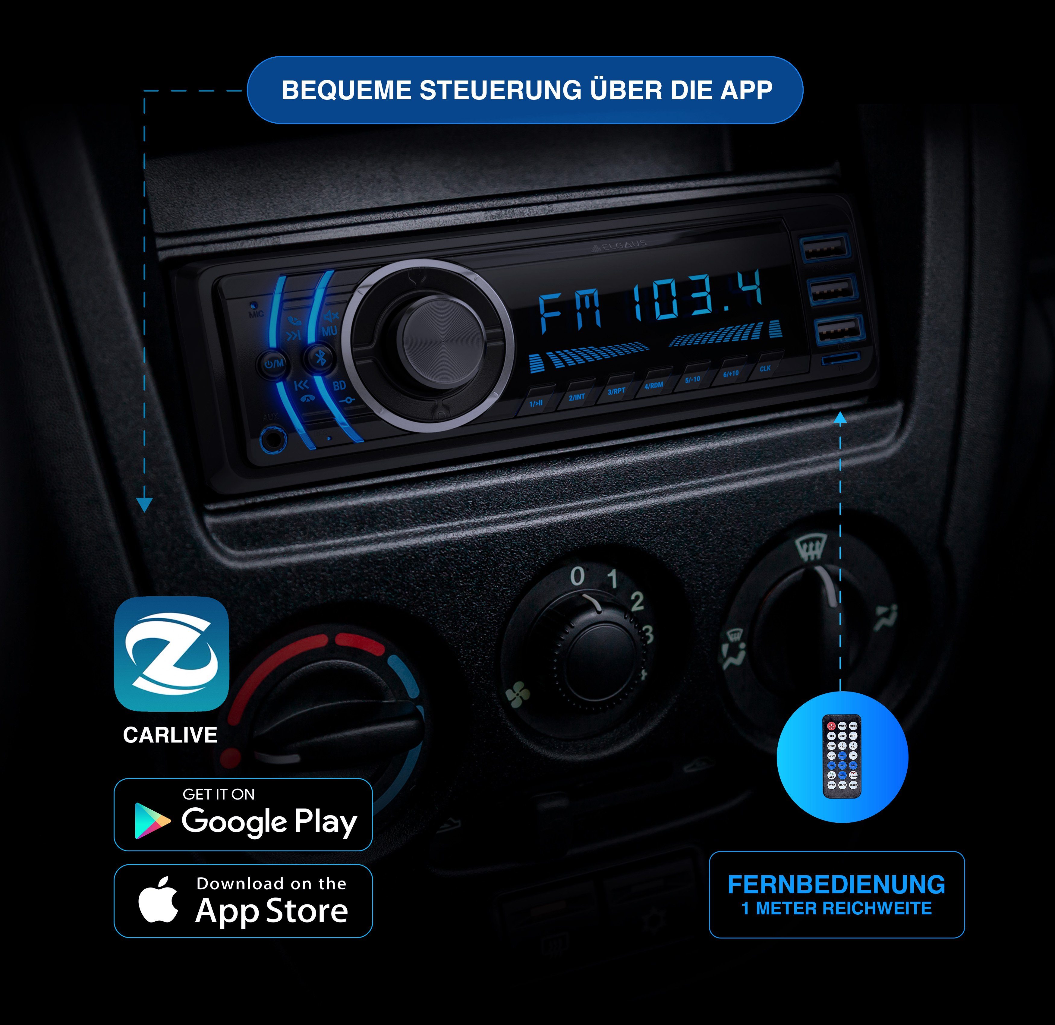 ELGAUS OM-170P 1 Din Autoradio (FM/AM, RDS, Bluetooth, RDS, Fernbedienung, ID3, Appsteuerung, Manual in DE/EN)