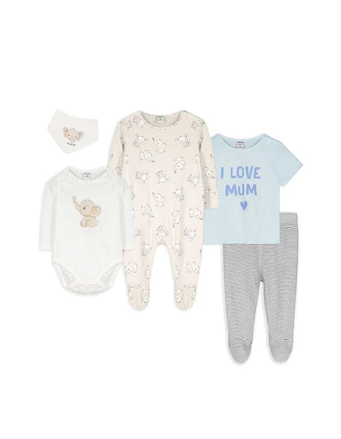 Set aus Langarmbody, Hose, T-Shirt, Strampler und Lätzchen - Allover-Print