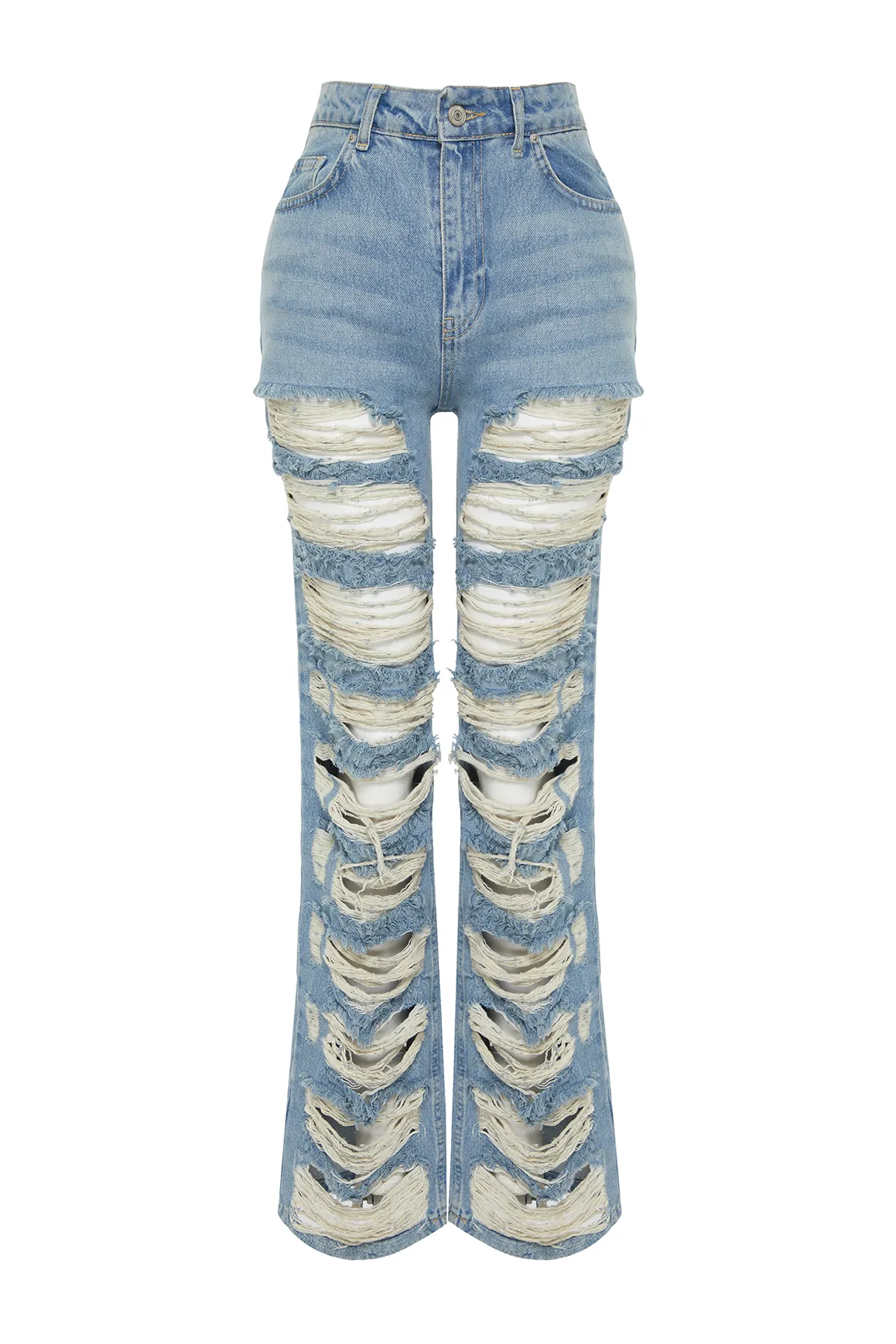 Trendyol Collection  Blaue zerrissene Jeans mit weitem Bein und hoher Taille TWOSS24JE00015