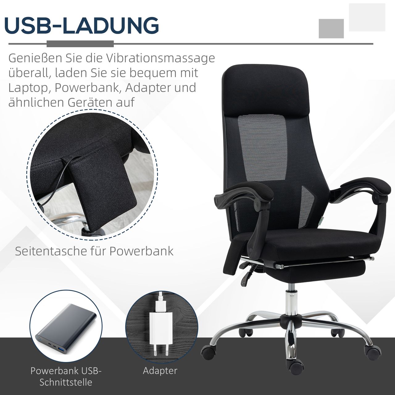 Vinsetto Bürostuhl mit Massagefunktion, Massagestuhl mit Liegefunktion, Mesh