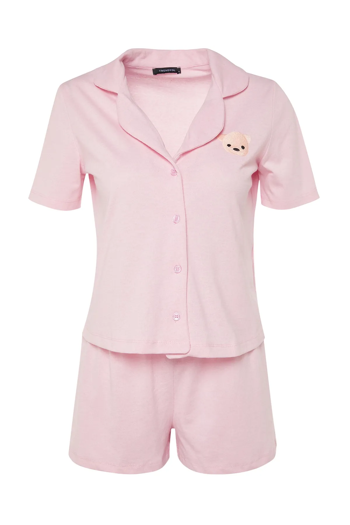 Trendyol Collection  Hellrosa Pyjama-Set aus Hemd und Shorts aus 100 % Baumwolle mit Teddybär-Stickerei THMSS23PT00012