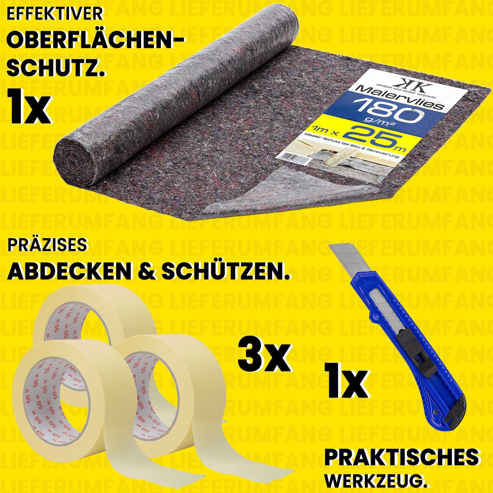 KK Verpackungen Bodenschutzvlies, (Spar-Set), Set Malervlies 25m Kreppband 30mm x 50m Cuttermesser 18mm