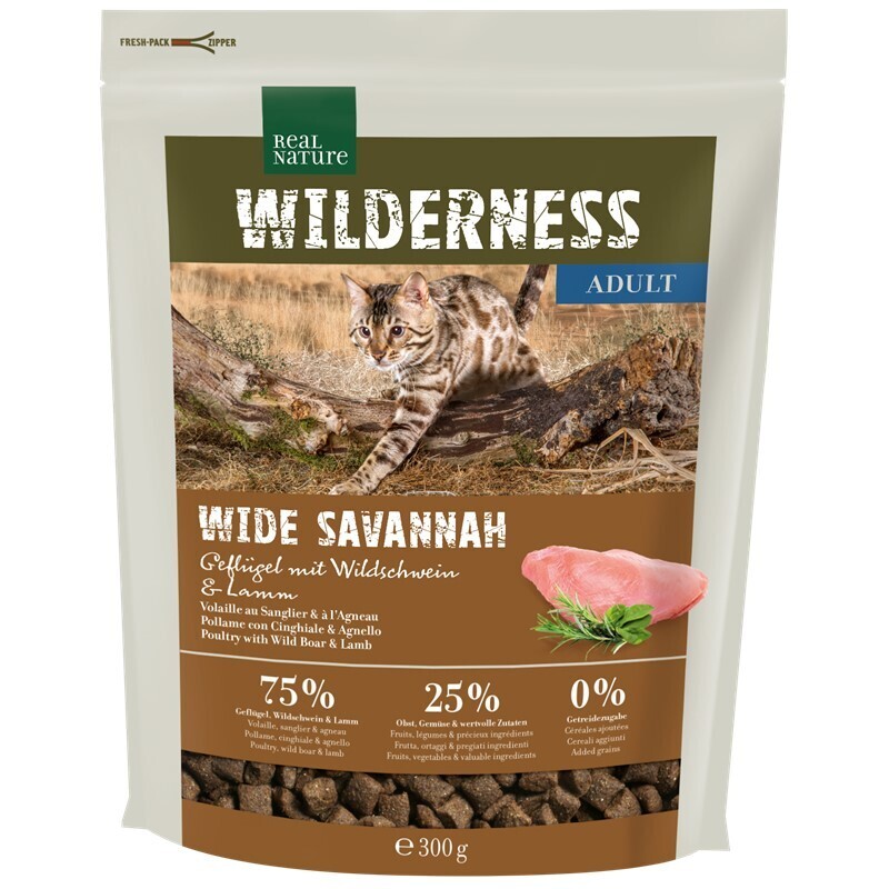 REAL NATURE Trockenfutter REAL NATURE WILDERNESS Adult Wide Savannah Geflügel mit Wildschwein und Lamm 300 g
