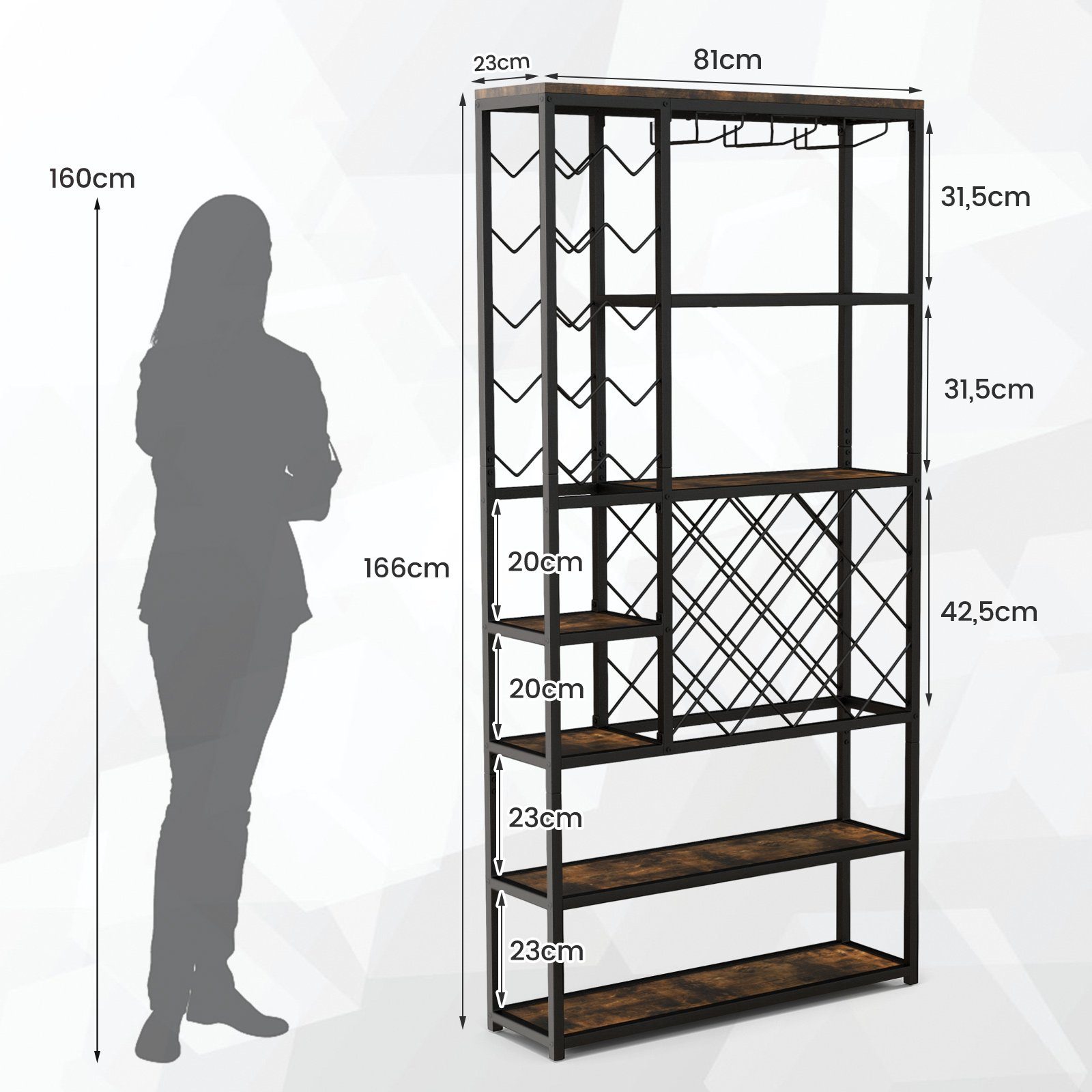 COSTWAY Weinregal, stehend, Metall, für 27 Flaschen, mit Glashaltern & Regal