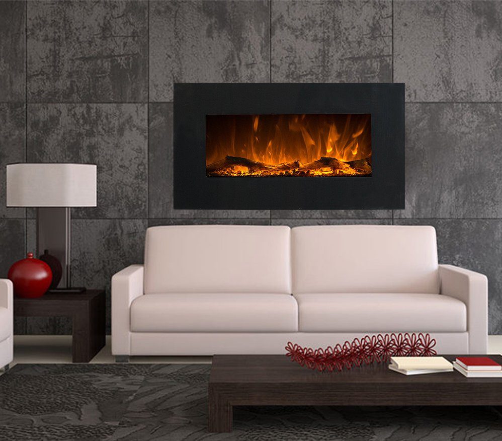 GLOW FIRE Elektrokamin Neptun Wandkamin elektrisch mit Heizung, Elektrischer Kamin mit Fernbedienung, Timer, 3 Dekorationen, LED Feuer