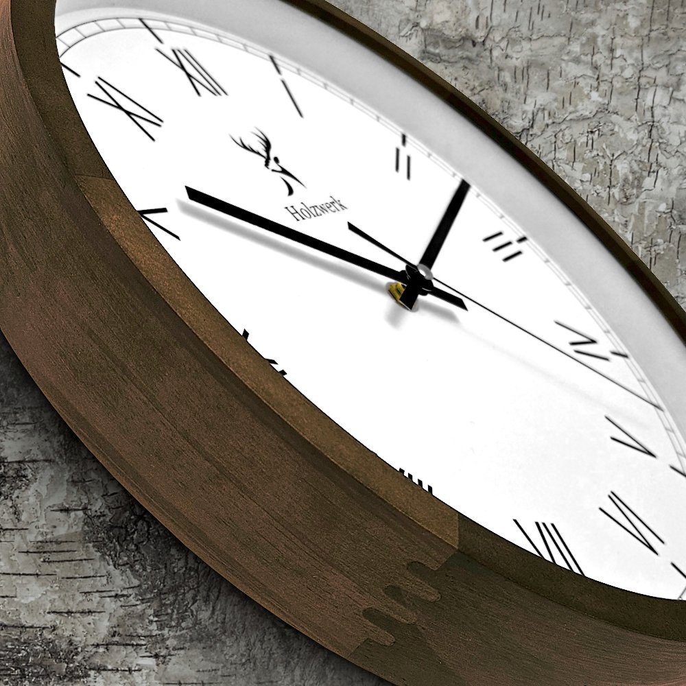 Holzwerk Wanduhr EISENBERG Designer Holz Wand Uhr, braun, weiß (lautlos ohne Tickgeräusche, 30 cm)