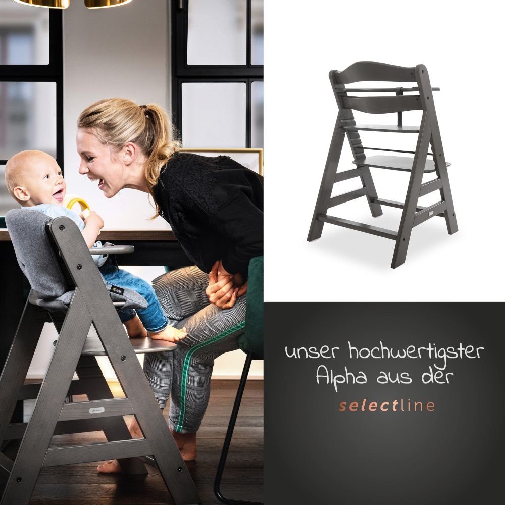Hauck Hochstuhl Alpha Plus Charcoal, Holz Kinderhochstuhl mit Essbrett, Sitzkissen verstellbar, mitwachsend