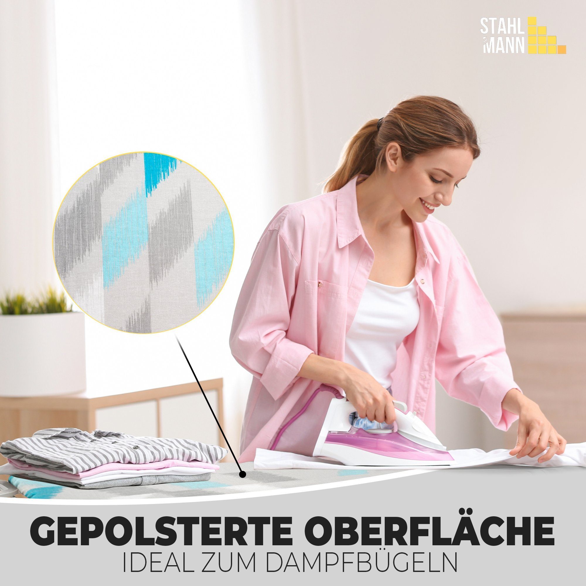 STAHLMANN COMMERCE GmbH Bügelbrett höhenverstellbares Bügelbrett mit rutschfesten Füßen, Bügelfläche 30,00x105,00 cm, robuster Bügeltisch inkl. Bügelbrettbezug