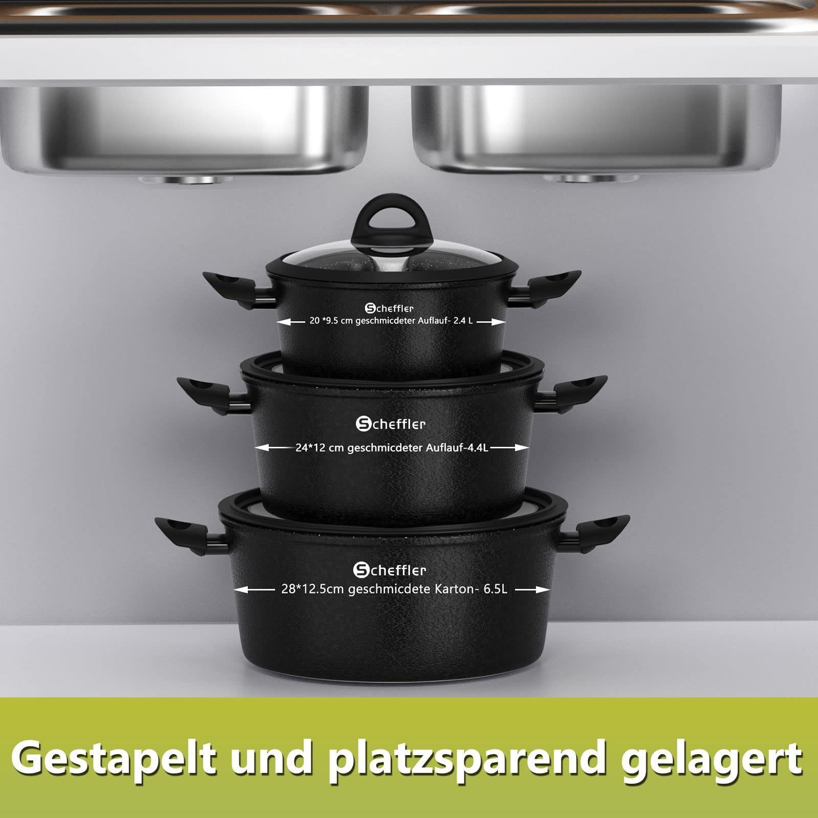 Scheffler Topf-Set Töpfe und Pfannen Antihaftbeschichtung Kochgeschirr Set mit Glasdeckel, Aluminium (3-tlg., Töpfe Set mit Glasdeckel), Induktionsgeeignet
