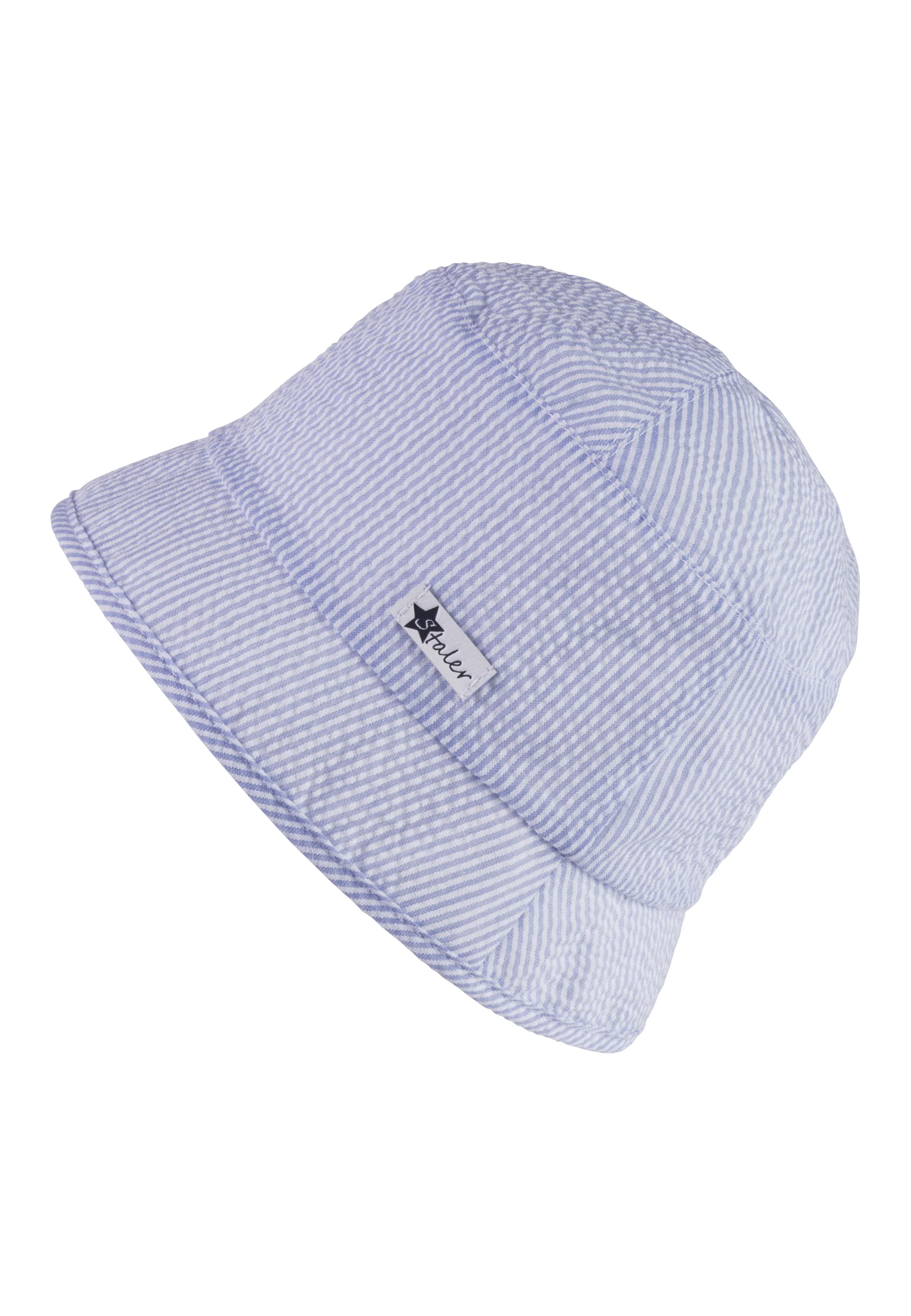 Fischerhut in himmelblau mit Streifen und Logo-Patch