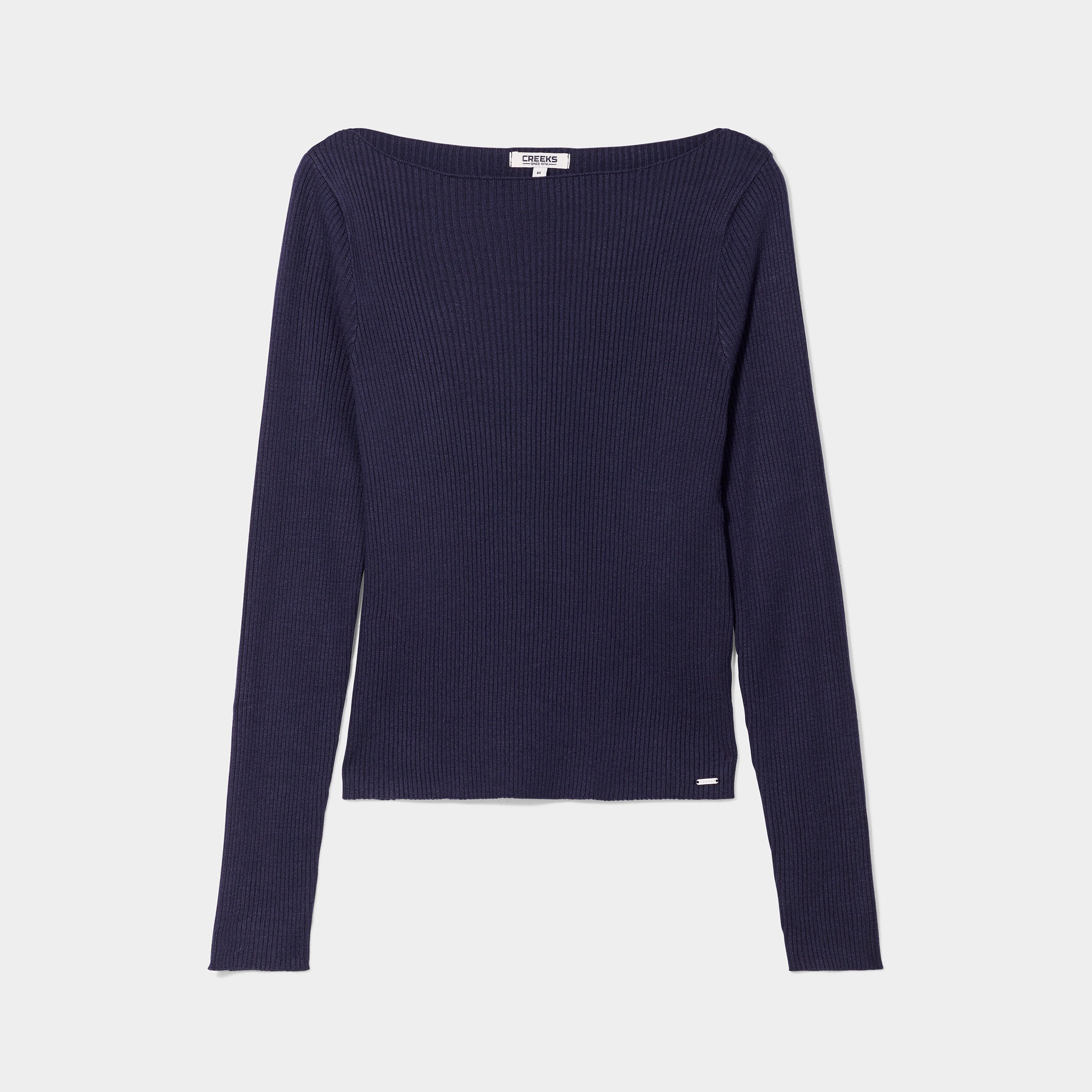 Pull côtelé court col bateau Creeks bleu marine femme | La Halle