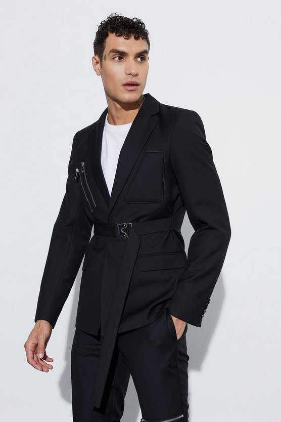 Einreihiger Skinny Blazer mit Wickel-Gürtel
