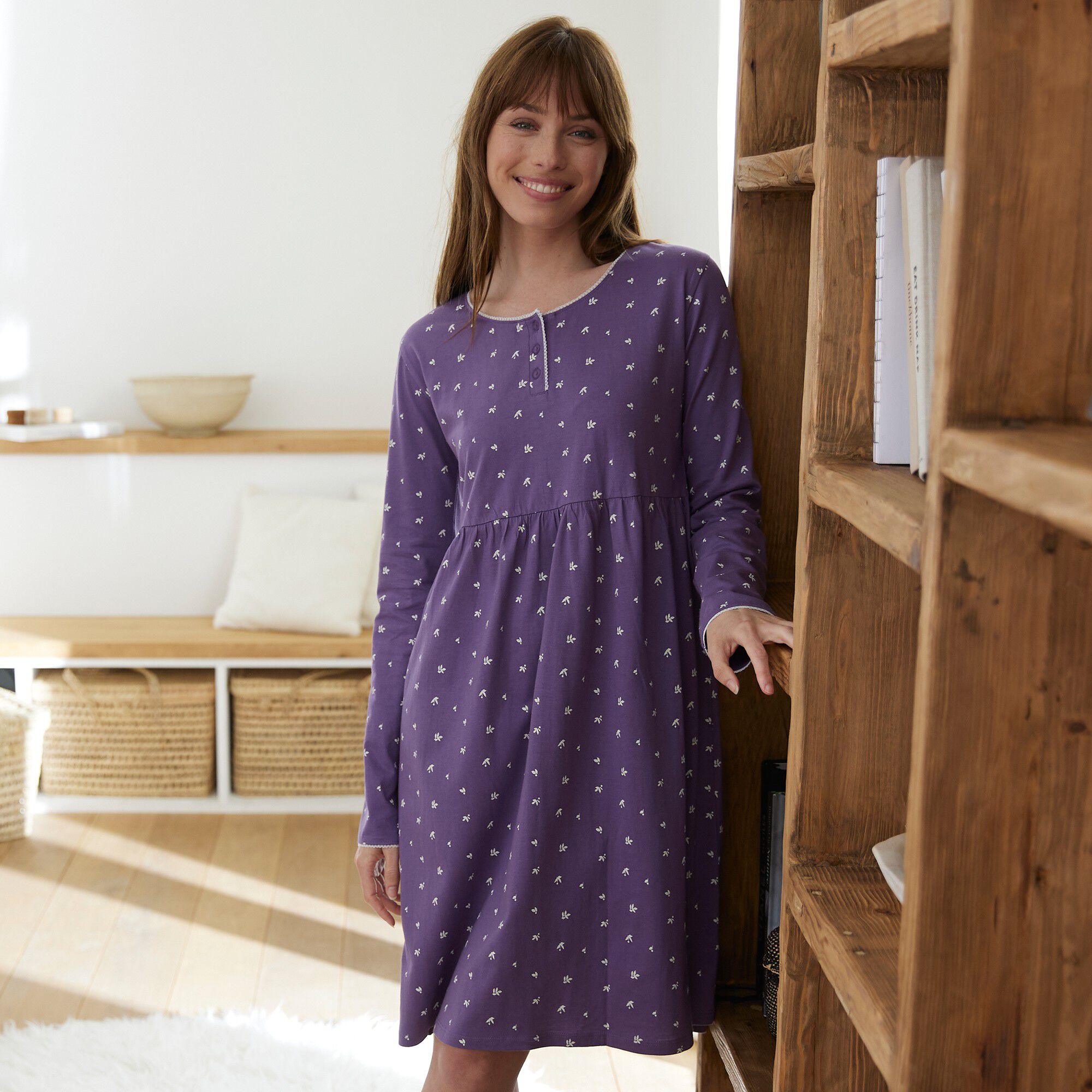 Chemise de nuit manches longues coton imprimé fleuri
