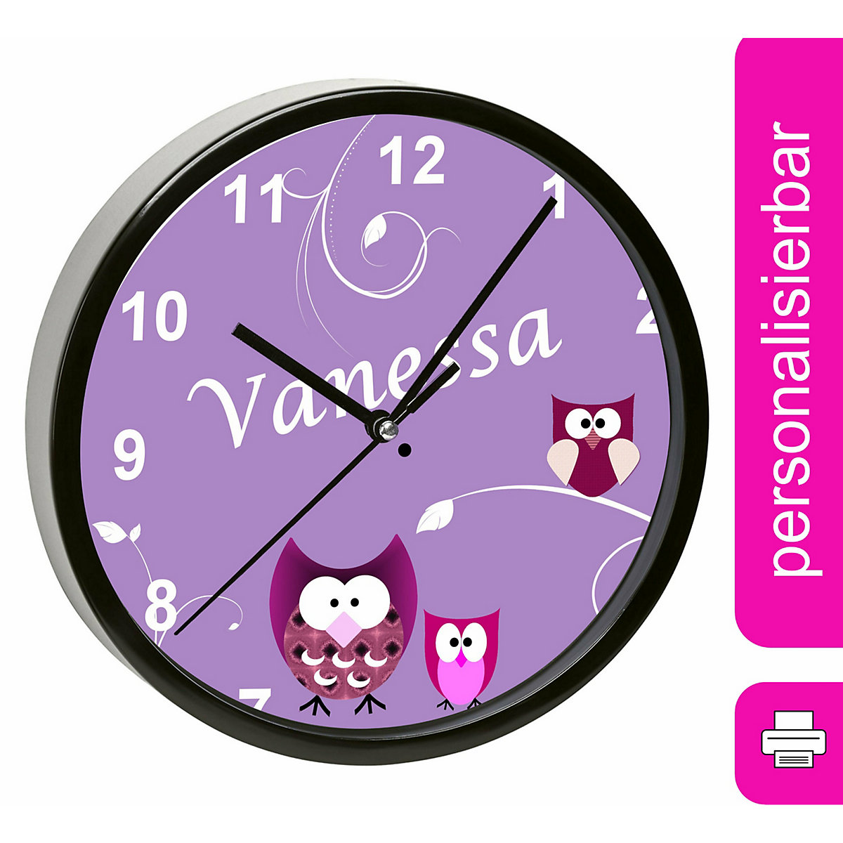 Kinder Wanduhr personalisiert mit Name Eule Lila