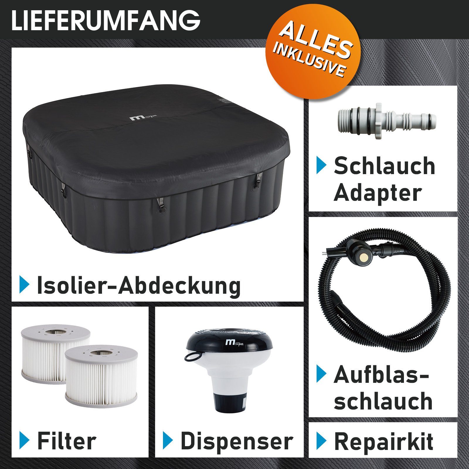 BRAST Whirlpool BRAST aufblasbar Tekapo für 6 Personen 185x185cm, (In-Outdoor Pool 132 Massagedüsen Timer Heizung), Aufblasfunktion per Knopfdruck Bubble Spa Wellness Massage