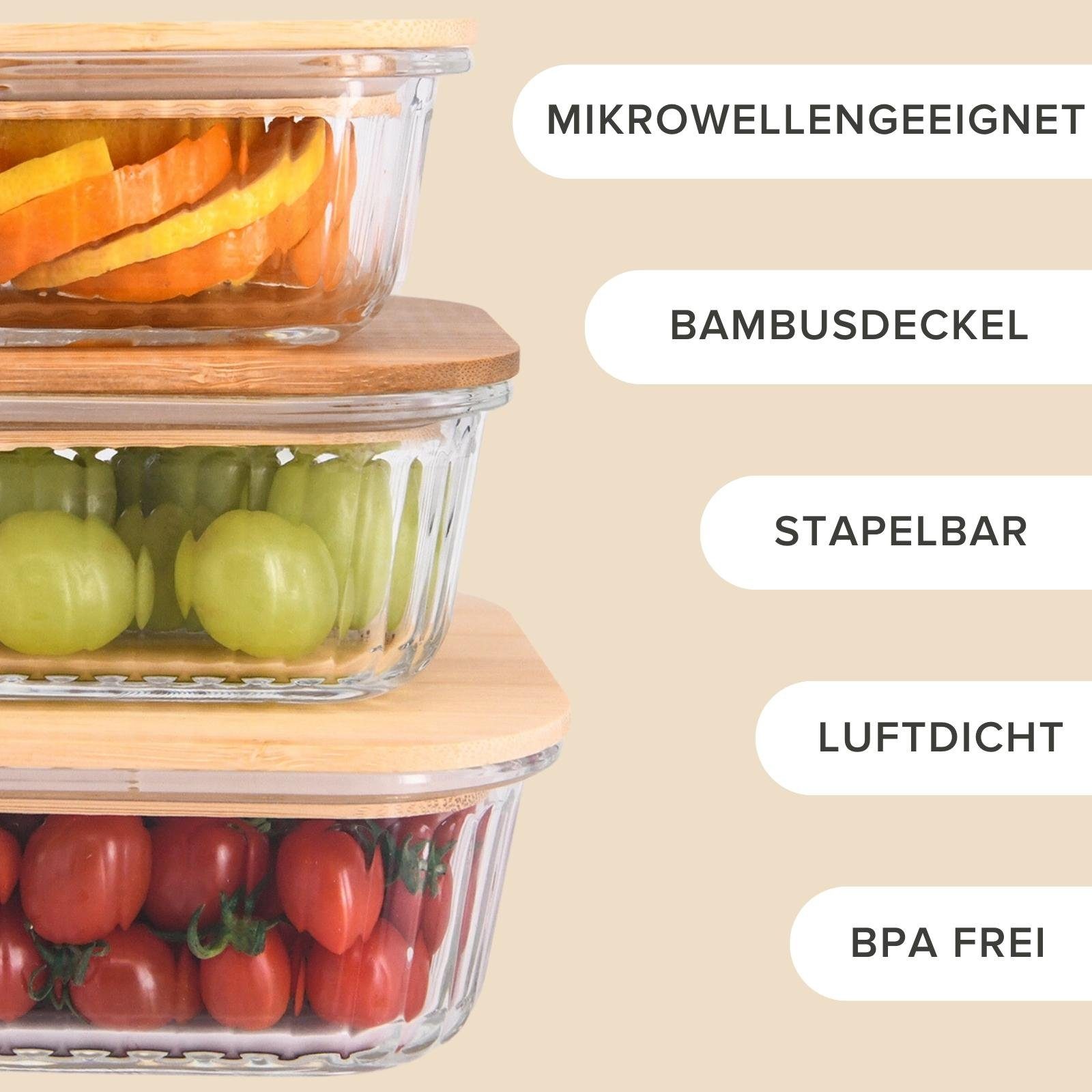 PIE LOCK Vorratsdose Vorratsdosen Glas mit Deckel - Frischhaltedosenset, Borosilikatglas, (PIE LOCK, 3 tlg. quadratisch, Vorratsdosen-Set, Borosilikatglas, Bambusdeckel, 320ml, 520ml, 800ml, stapelbar, Frischhaltedose, Brotdose, Meal Prep, 6-tlg., Pr