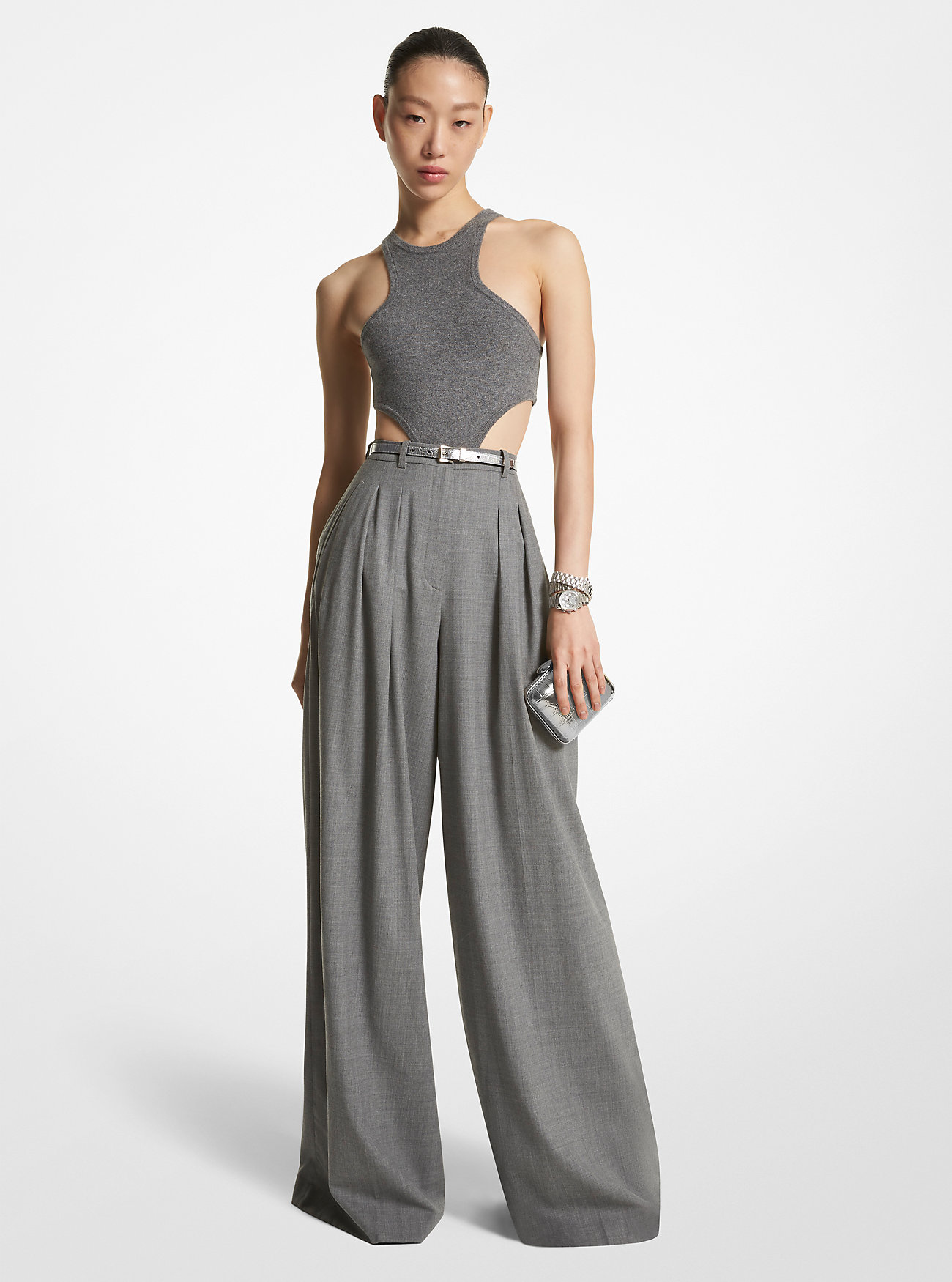 Stretch Wool Palazzo Pant - BANKER GREY