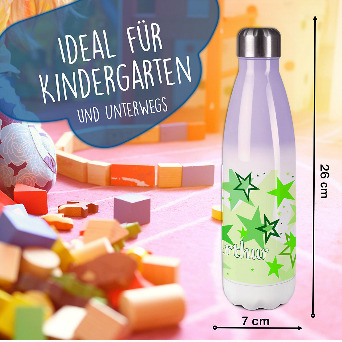 Edelstahl Kinder Thermoflasche / Trinkflasche bunt Sternenhimmel Farbe grün Spülmaschinenfest, Auslaufsicher, Bruchfest, Doppelwandig, Für Heißgetränke geeignet, Mit Deckel, Isoliert