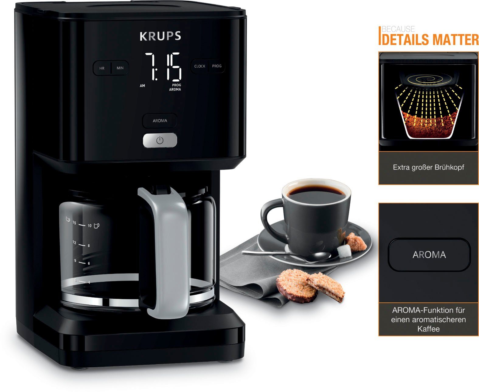 Krups Filterkaffeemaschine KM6008 Smart'n Light, 1,25l Kaffeekanne, 24-Std-Timer, automatische Abschaltung nach 30 Minuten
