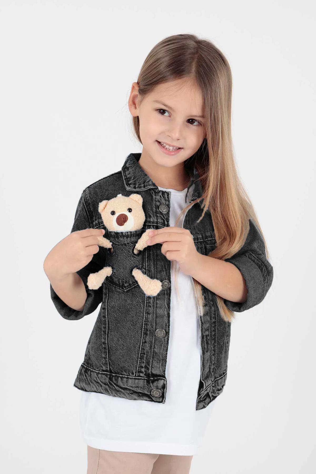 AHENGİM  Mädchen-Jeansjacke aus Baumwolle mit Teddybär-Motiv, lässig, modisch, Ak22176023