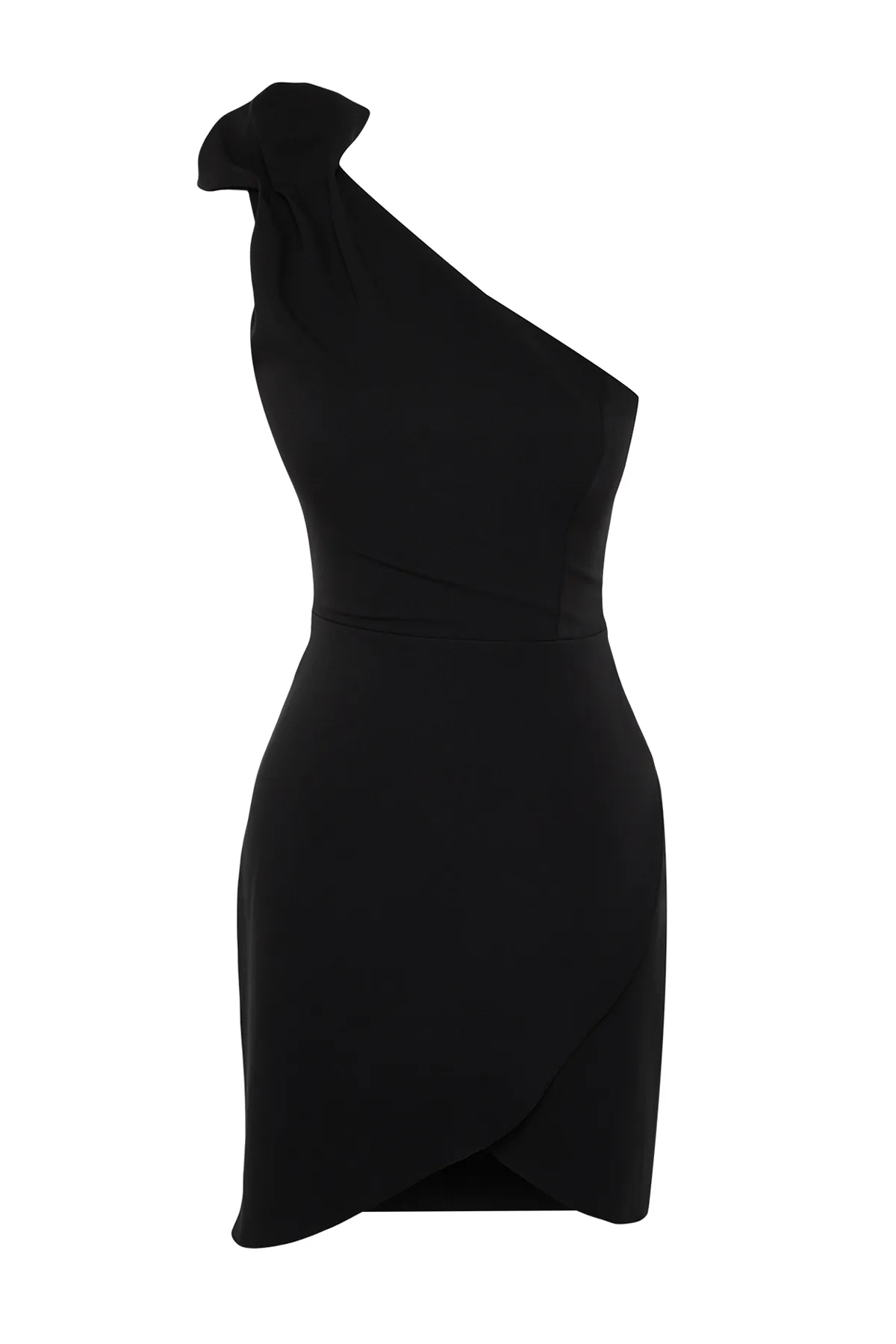Trendyol Collection  Stilvolles Abendkleid mit One-Shoulder-Volant in Schwarz TPRSS22EL1397