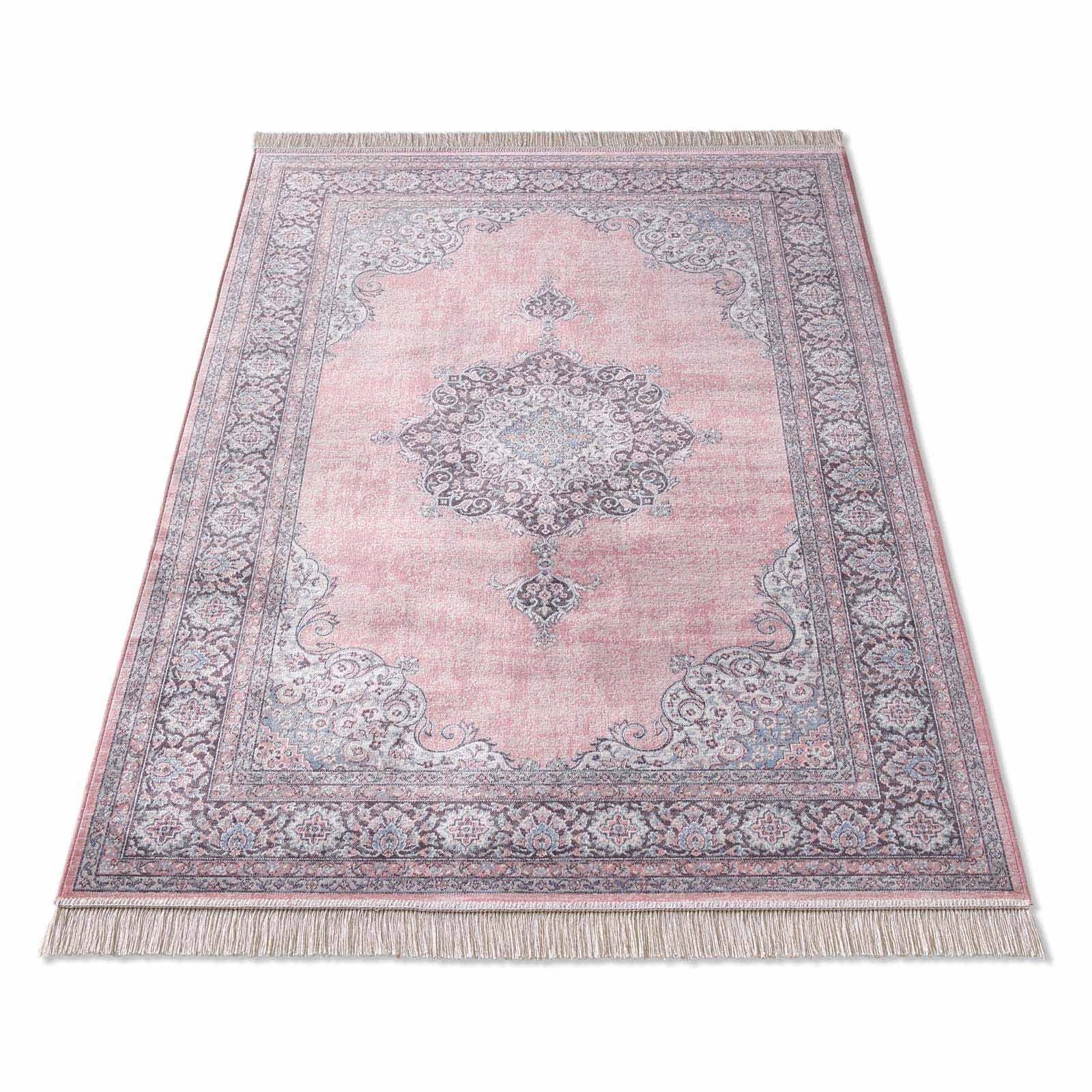 Teppich Palazzo Royal Vintage Medaillon, TaraCarpet, rechteckig, Höhe: 6 mm, Vintage Seiden Optik rose Wohnzimmer Schlafzimmer Esszimmer 67x105