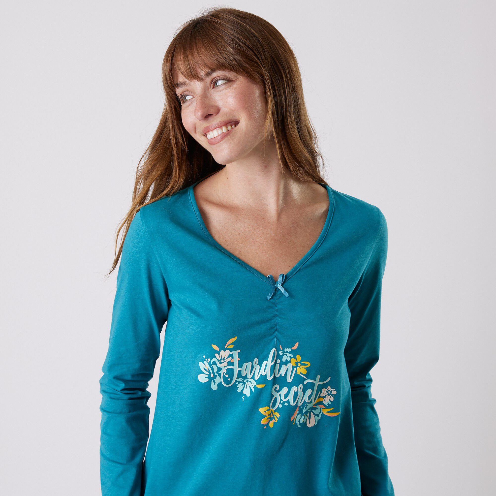 Tee-shirt pyjama manches longues imprimé placé 