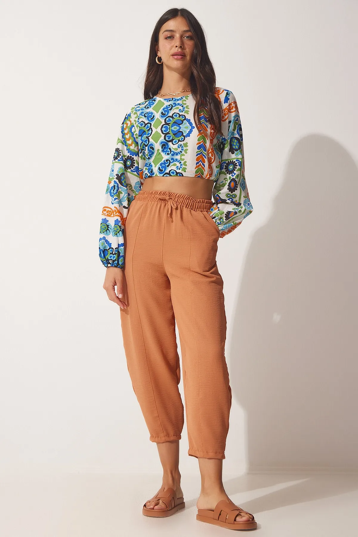 Happiness İstanbul  Damen-Shalwar-Hose aus leicht gefliestem Leinen CI00036