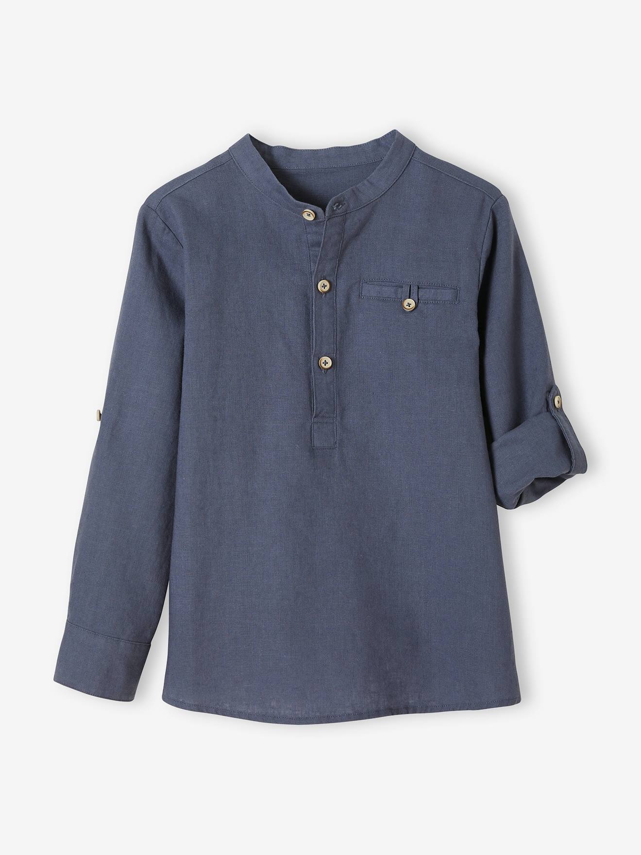 Chemise col Mao garçon en coton/lin manches longues vert