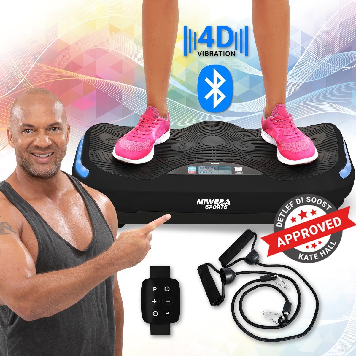Miweba Sports Vibrationsplatte Profi Vibrationsboard MV300 inkl. Armband Fernbedienung - 4D-Vibration, 800 W, 16 Intensitätsstufen, (LED-Display, 120 kg max. Benutzergewicht, 4D-Wave-Vibration, 3 vordefinierte Trainingsprogramme, drei Vibrationszonen