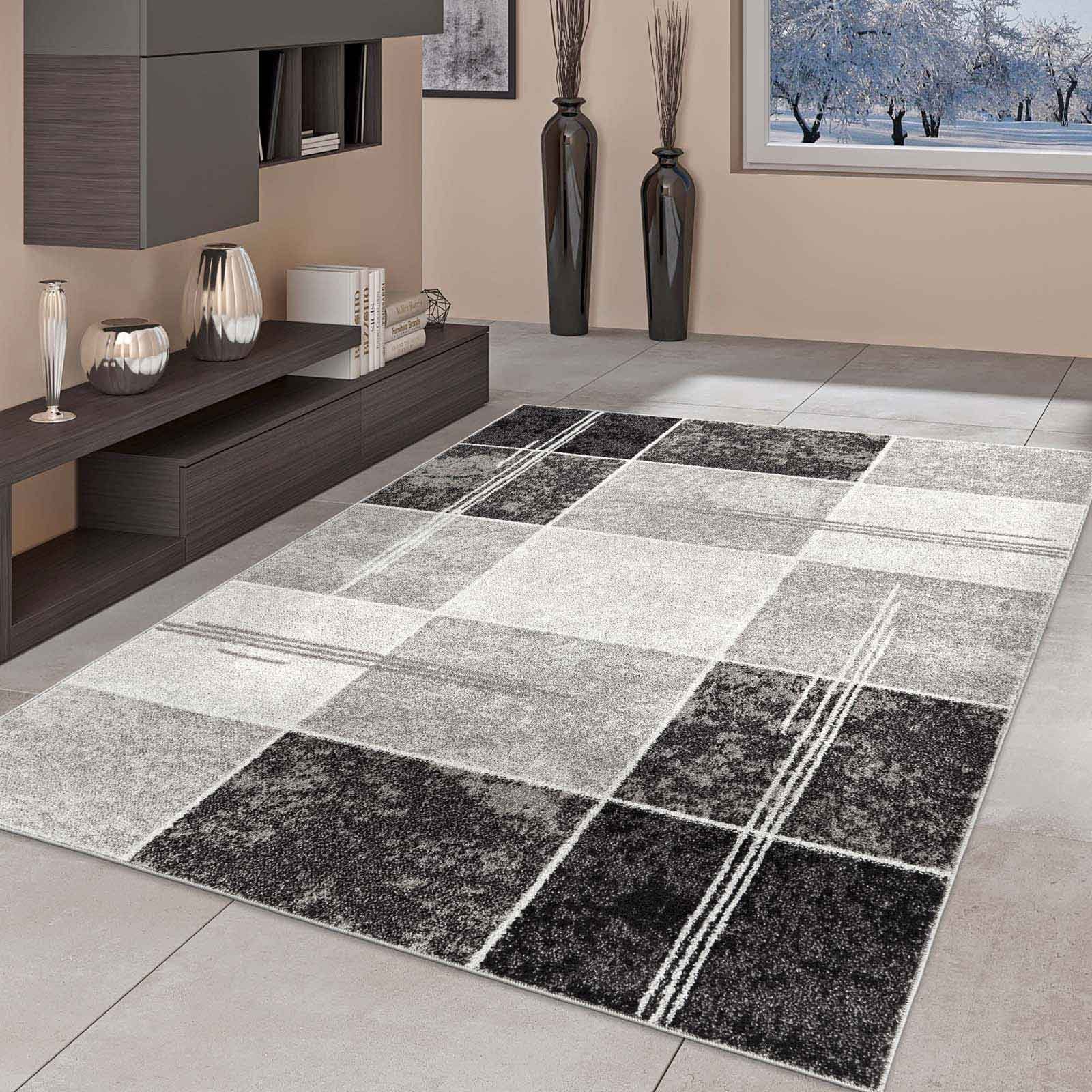 Teppich Moderner Teppich Aragon 57 kariert modern, TaraCarpet, rechteckig, Höhe: 13 mm, kariert modern grau Wohnzimmer Schlafzimmer Esszimmer 080X150 cm