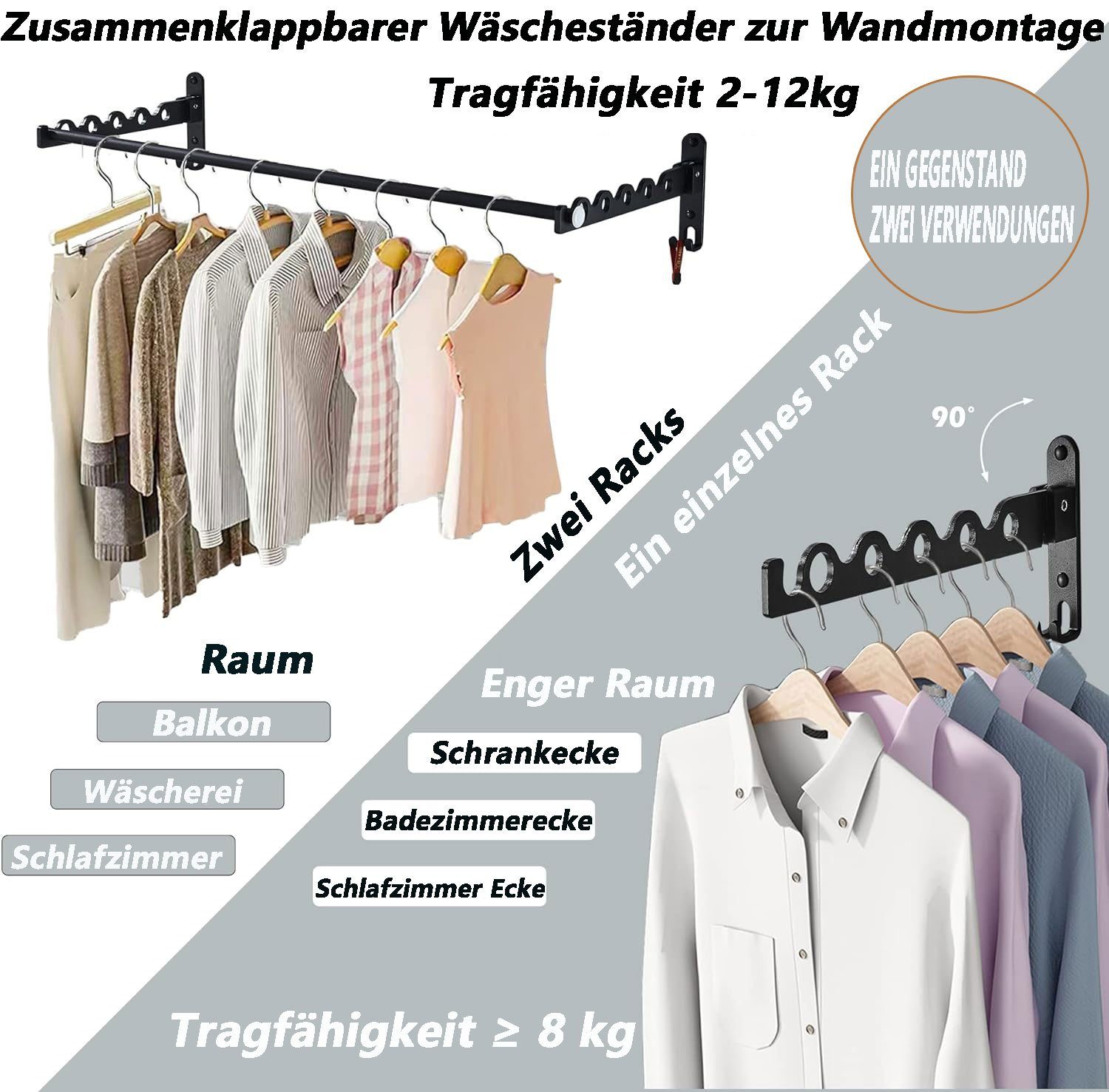Sarfly Wäscheständer Wäscheständer,Wandmontage,zusammenklappbar,Wandhalterung,platzsparend, für Mantel, Tür über Hängetrockner, Faltbare Stange für Mantel