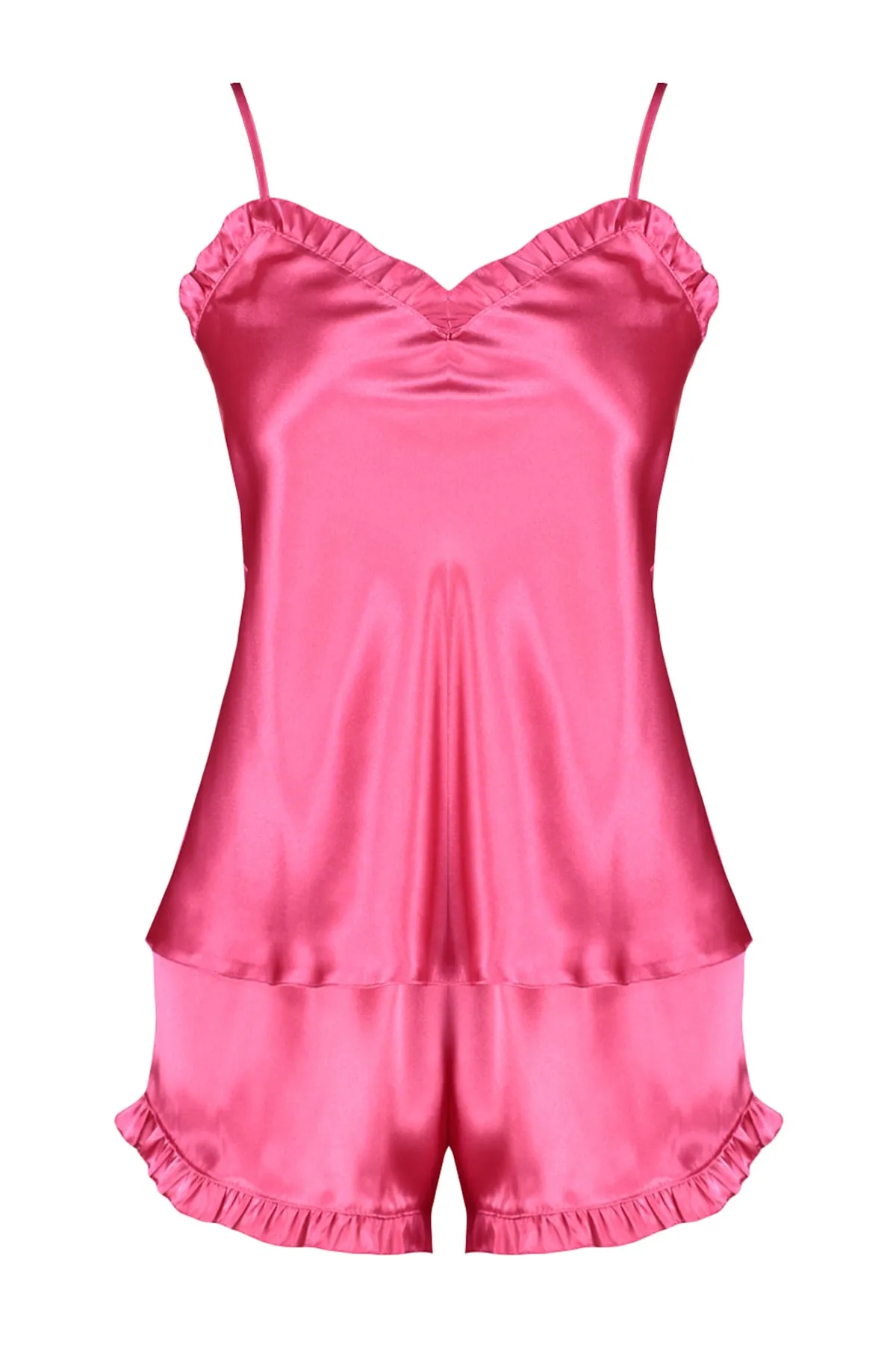 Trendyol Collection  Fuchsia Pyjama-Set aus gewebtem Satin mit Rüschen und Seilträgern THMSS22PT0274