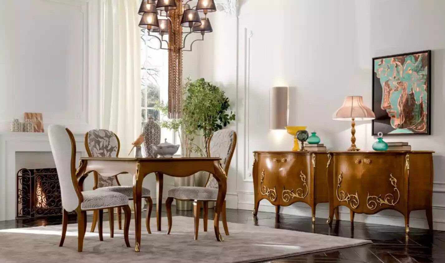 JVmoebel Esszimmer-Set Klassischer Esszimmer Braun Esstisch 4x Stühle Sideboard, (6-St., Esstisch + 4x Stühle + Sideboard), Made in Italy