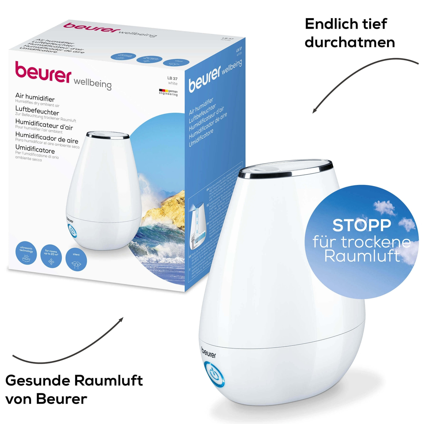 Beurer Luftbefeuchter LB 37 White-Optimale Luftfeuchtigkeit mit dem energiesparsamen Raumbefeuchter bis 20 m²